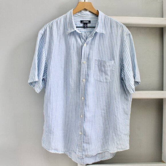 Lands' End Blue White Striped Men Traditional Fit Short Sleeve Linen Shirt Large - Picture 1 of 6